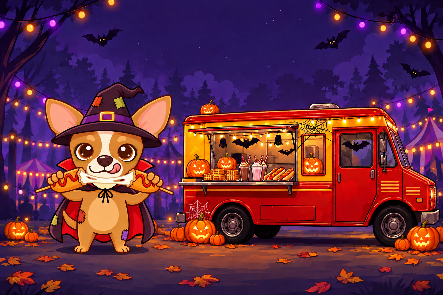 Ronny de hechicero junto al food truck rojo decorado para Halloween