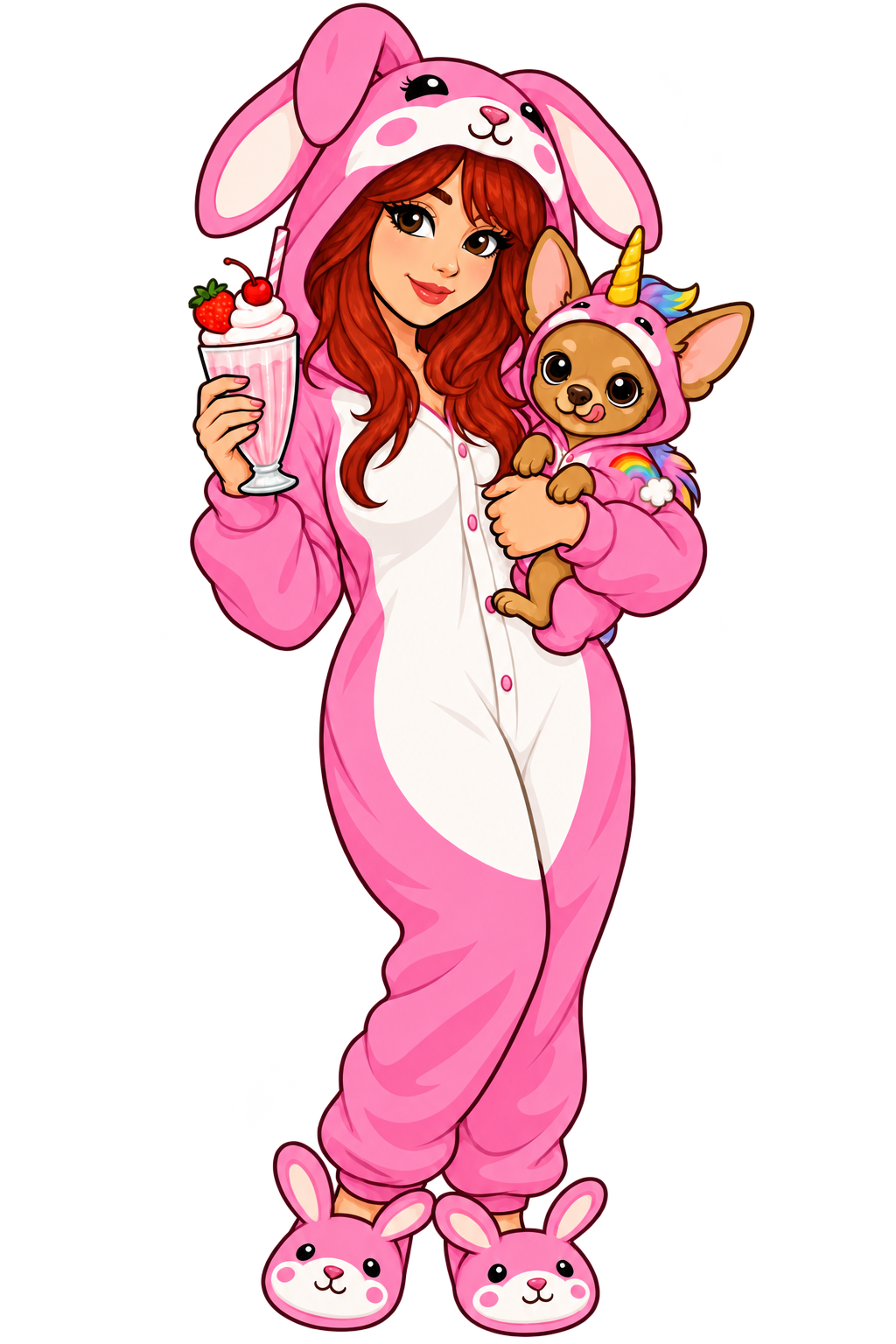 Ronny café de unicornio con su ama pelirroja de conejito rosa